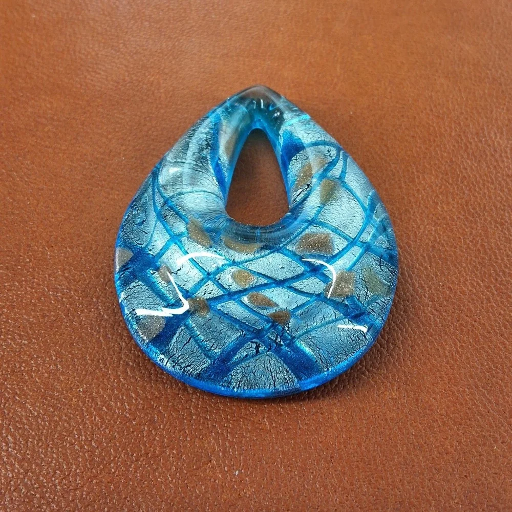 Blue Murano Style Art‎ Glass Teardrop Pendant Silver Foil Aventurine 1.75
